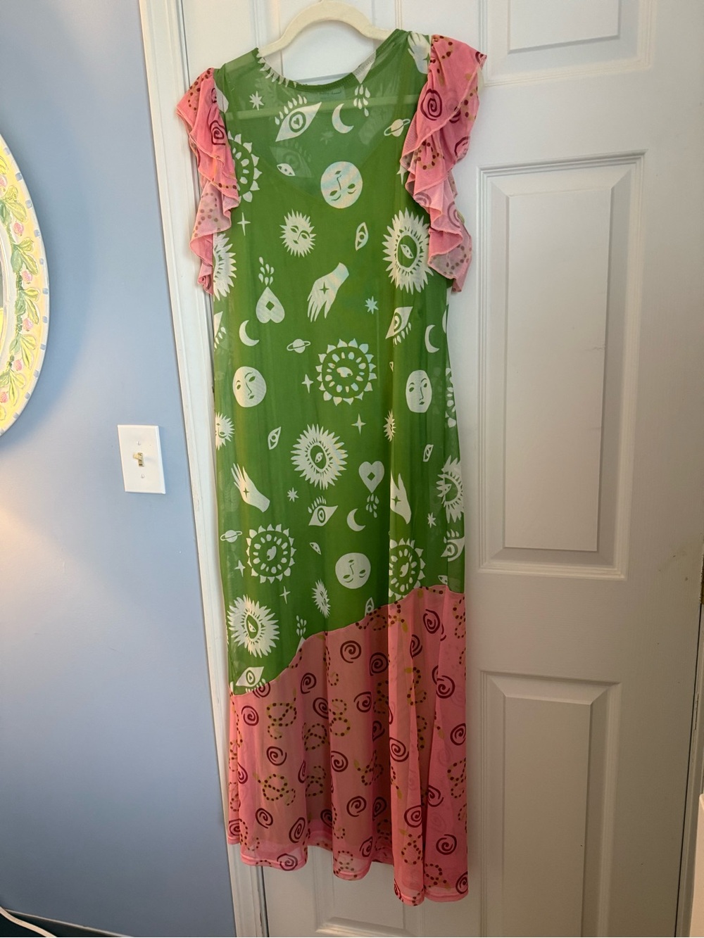 Never Fully Dressed Green and Pink Printed Ruffle-Sleeve Maxi Dress